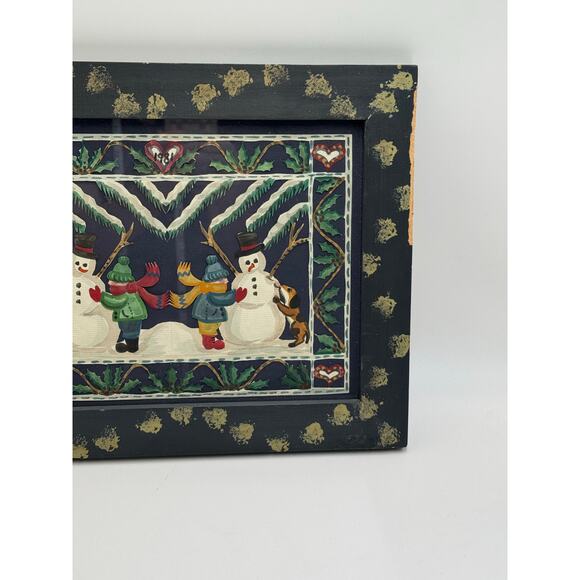 Linda Hale Snowman Scene Wood Damaged Frame Dated 1981 14.5 X 11.5 - Picture 6 of 8